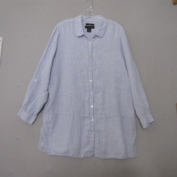 Tahari Top Tunic  Plus 1X‎ Blue 100% Linen Button Up Lagenlook Tabbed Sleeve - Picture 1 of 11